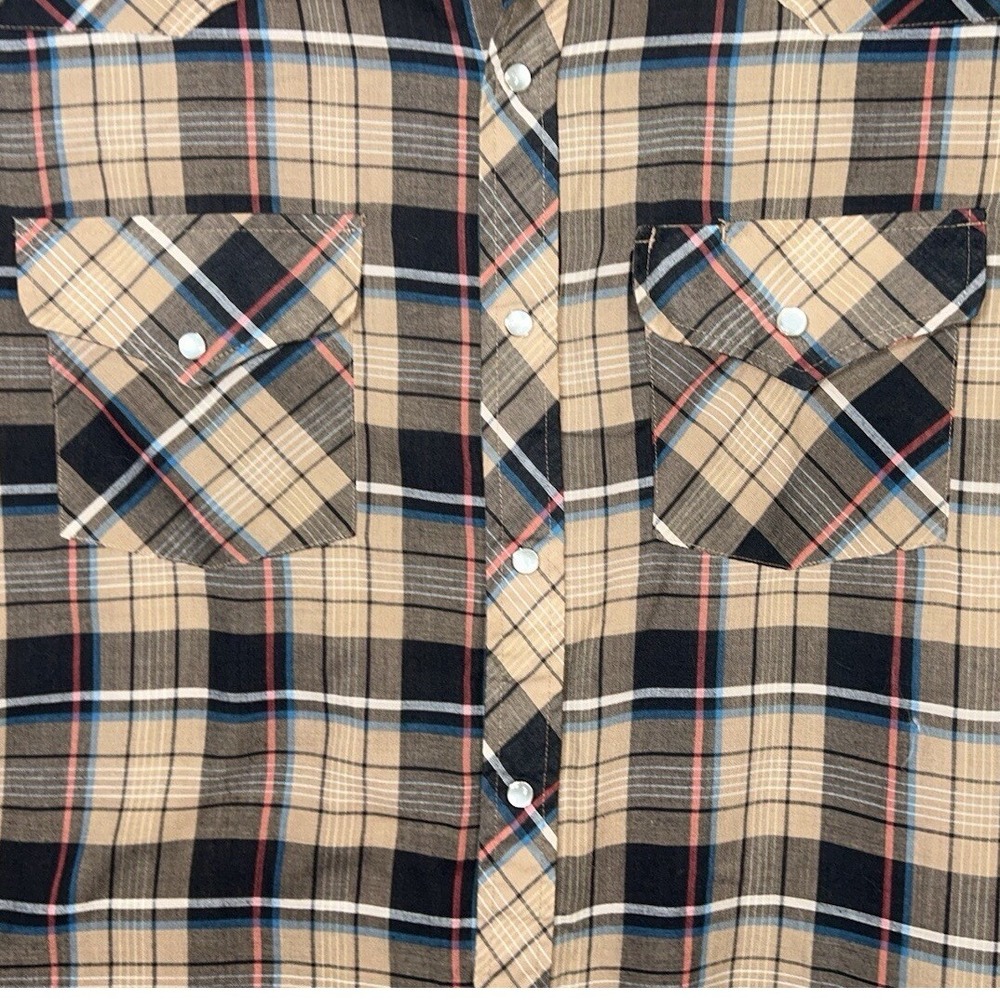 Sheplers Pearl Snap Buttons Down Shirt‎ Brown Teal Gingham Check Short Sleeve L